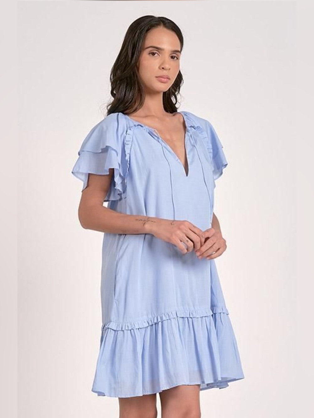 NWT ELAN size Large Light Blue Ruffle Sleeve V-Neck Shift Dress